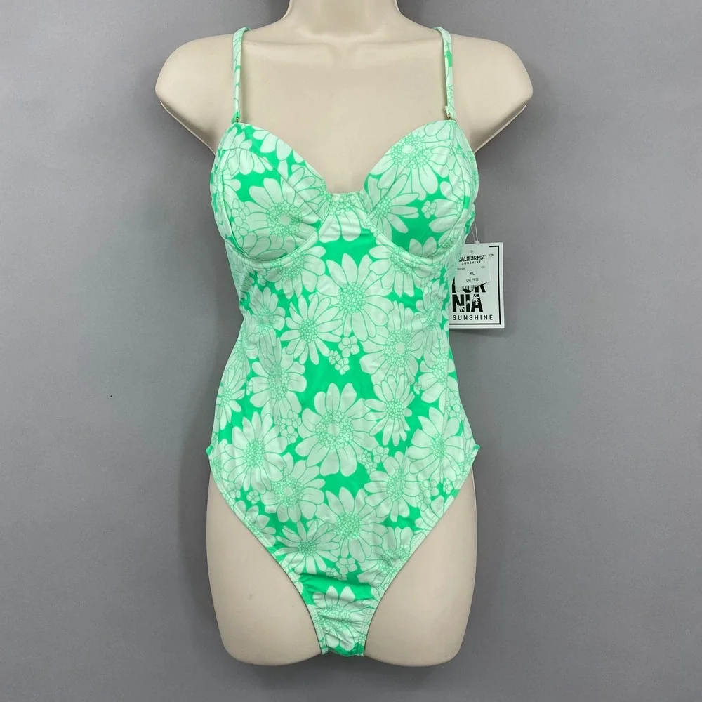 California Sunshine Womens Floral One Piece Swimsuit Lime Green White XL CS22006